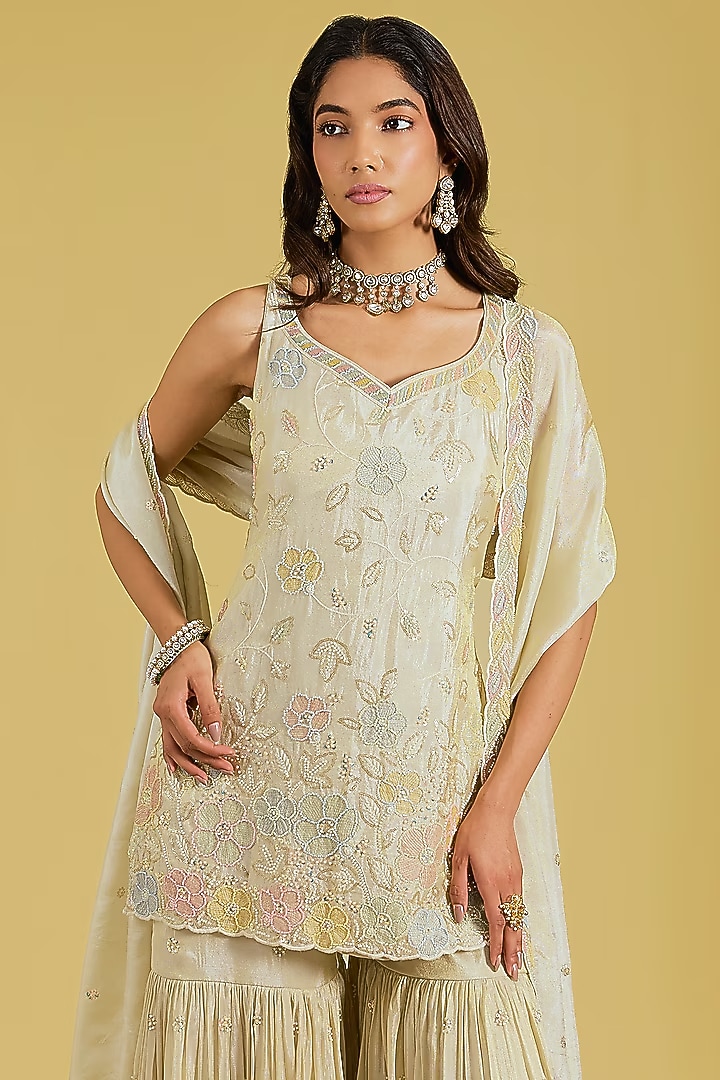 Beige Tissue Embroidered Gharara Set by MeenaGurnam at Pernia's Pop Up Shop