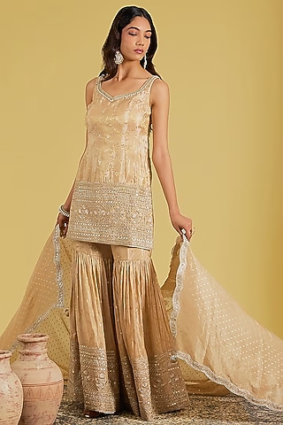 Peach Tissue Embroidered Gharara Set by MeenaGurnam