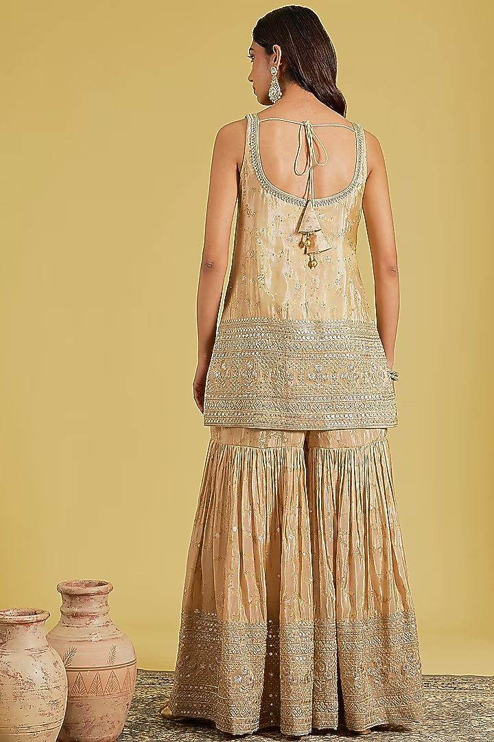 Peach Tissue Embroidered Gharara Set by MeenaGurnam at Pernia's Pop Up Shop