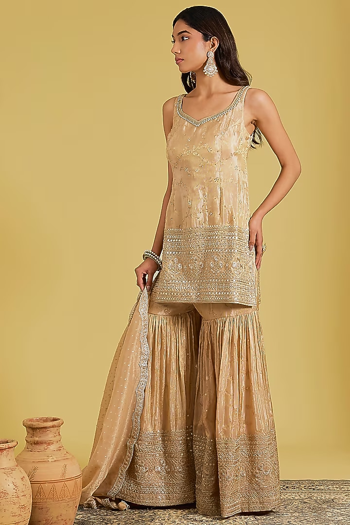 Peach Tissue Embroidered Gharara Set by MeenaGurnam at Pernia's Pop Up Shop