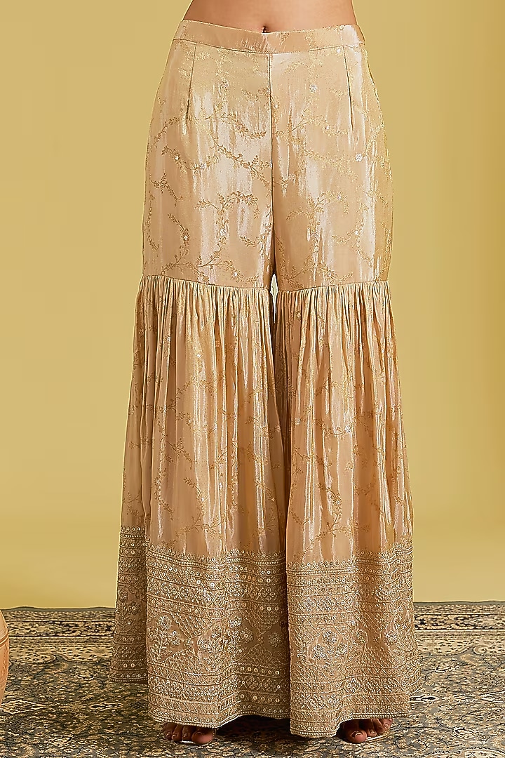 Peach Tissue Embroidered Gharara Set by MeenaGurnam at Pernia's Pop Up Shop