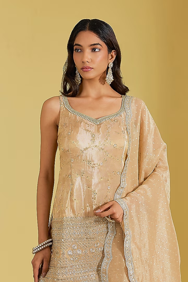 Peach Tissue Embroidered Gharara Set by MeenaGurnam at Pernia's Pop Up Shop