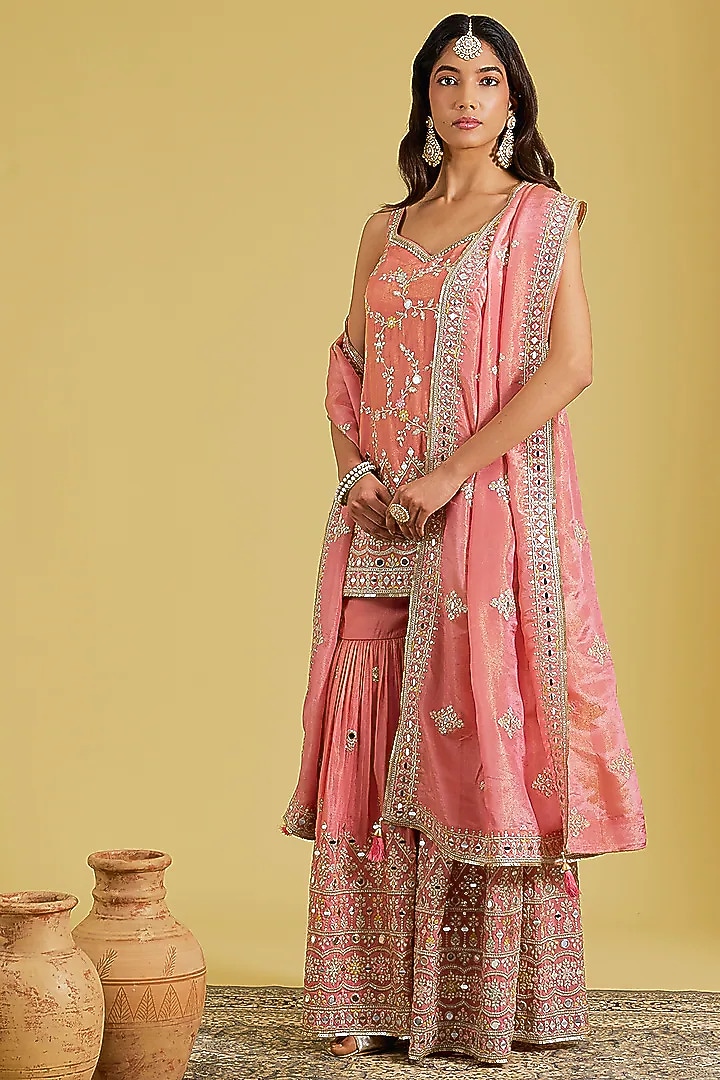 Carrot-Colored Tissue Embroidered Gharara Set by MeenaGurnam at Pernia's Pop Up Shop