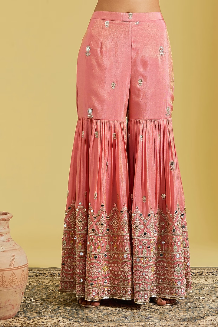 Carrot-Colored Tissue Embroidered Gharara Set by MeenaGurnam at Pernia's Pop Up Shop