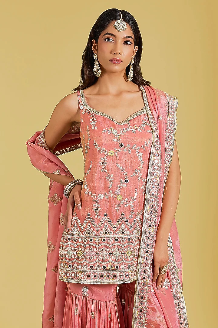 Carrot-Colored Tissue Embroidered Gharara Set by MeenaGurnam at Pernia's Pop Up Shop