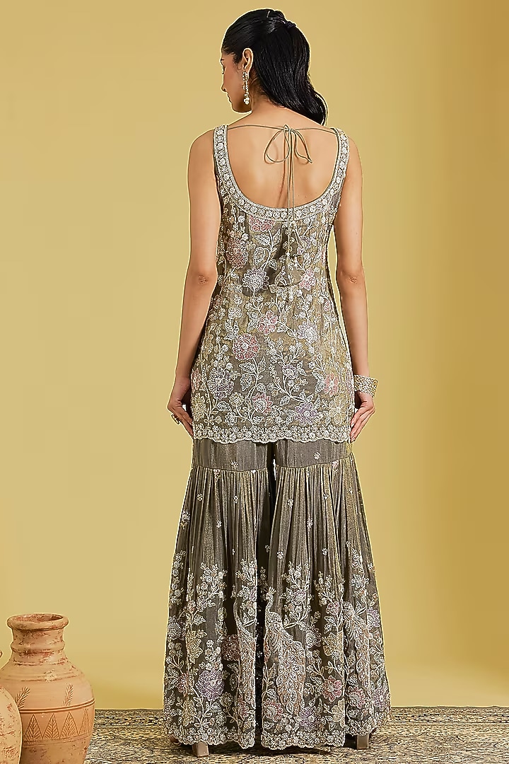 Mouse-Colored Tissue Embroidered Gharara Set by MeenaGurnam at Pernia's Pop Up Shop