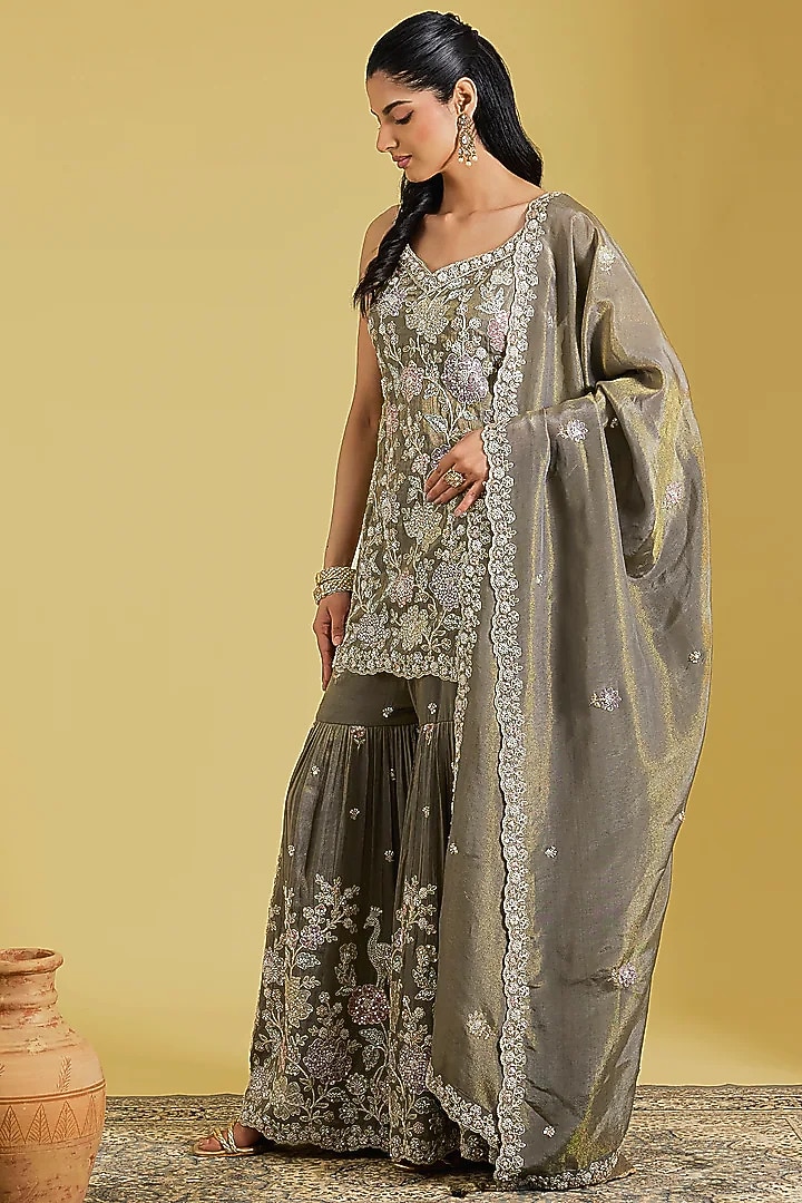 Mouse-Colored Tissue Embroidered Gharara Set by MeenaGurnam at Pernia's Pop Up Shop