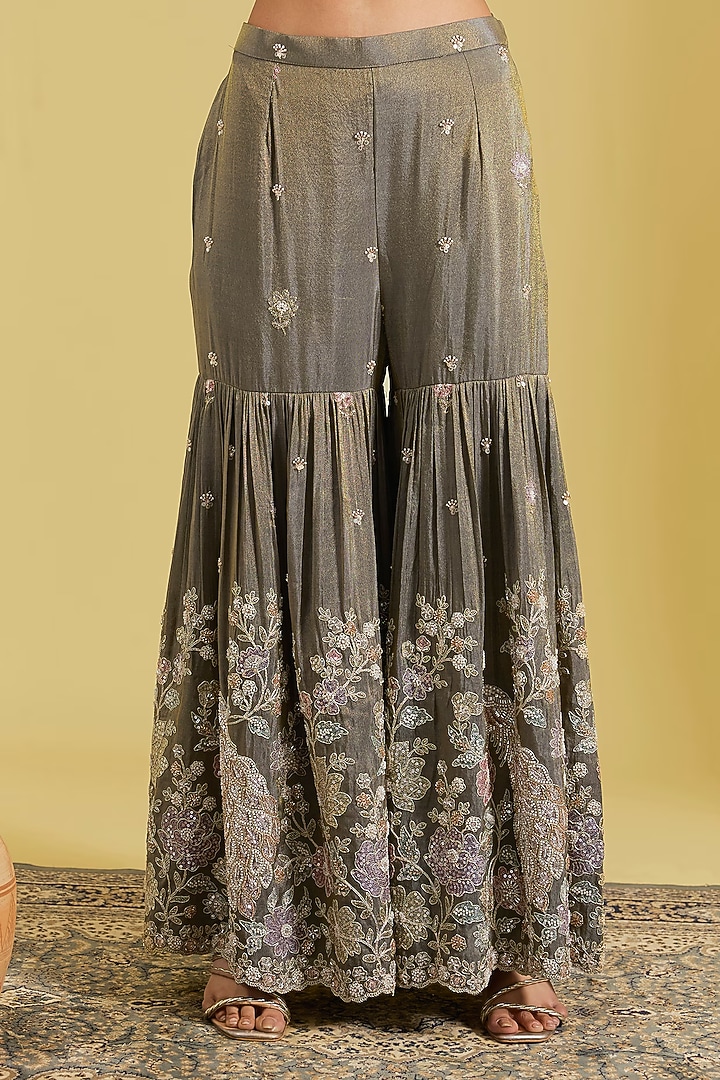 Mouse-Colored Tissue Embroidered Gharara Set by MeenaGurnam at Pernia's Pop Up Shop