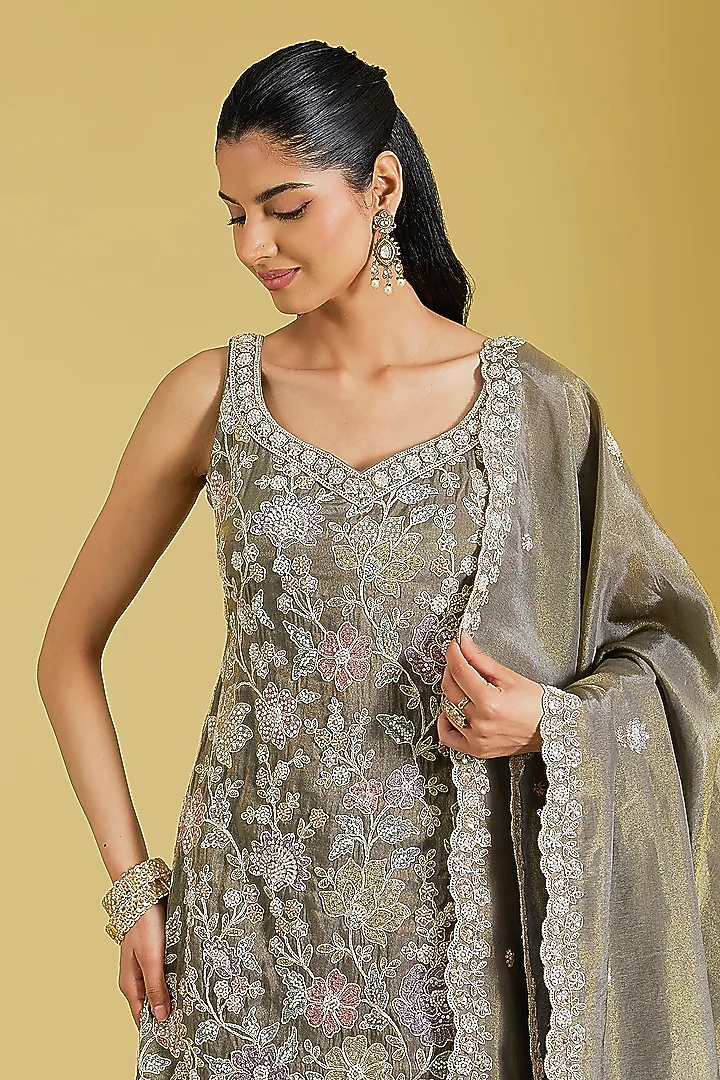 Mouse-Colored Tissue Embroidered Gharara Set by MeenaGurnam at Pernia's Pop Up Shop