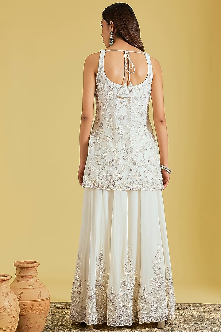 Ivory Net & Georgette Embroidered Wedding Sharara Set by MeenaGurnam at Pernia's Pop Up Shop
