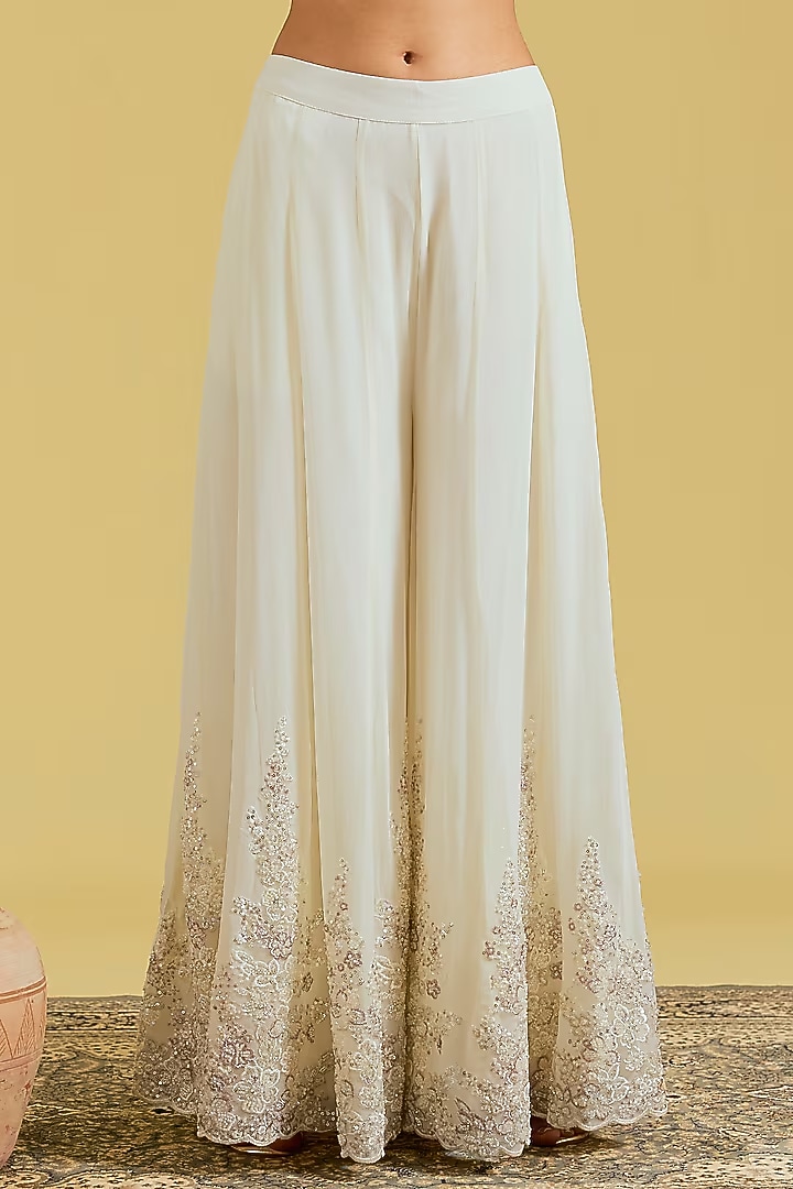 Ivory Net & Georgette Embroidered Wedding Sharara Set by MeenaGurnam at Pernia's Pop Up Shop