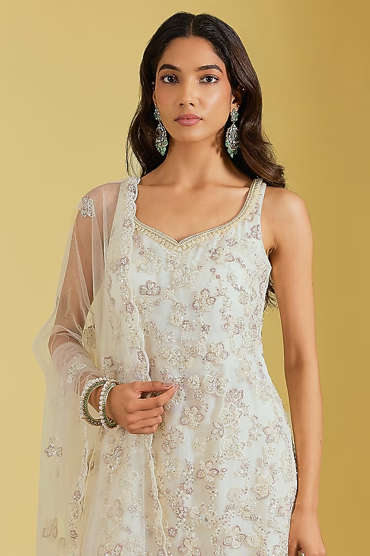 Ivory Net & Georgette Embroidered Wedding Sharara Set by MeenaGurnam at Pernia's Pop Up Shop