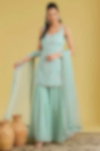 Sea Green Georgette Embroidered Gharara Set by MeenaGurnam at Pernia's Pop Up Shop