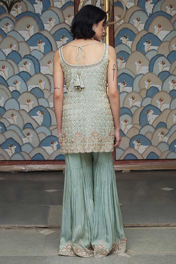 Ice Blue Tissue Gharara Set by MeenaGurnam at Pernia's Pop Up Shop