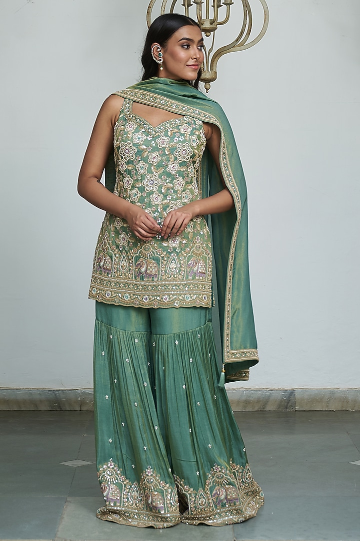 Sage Green Tissue Gharara Set by MeenaGurnam at Pernia's Pop Up Shop