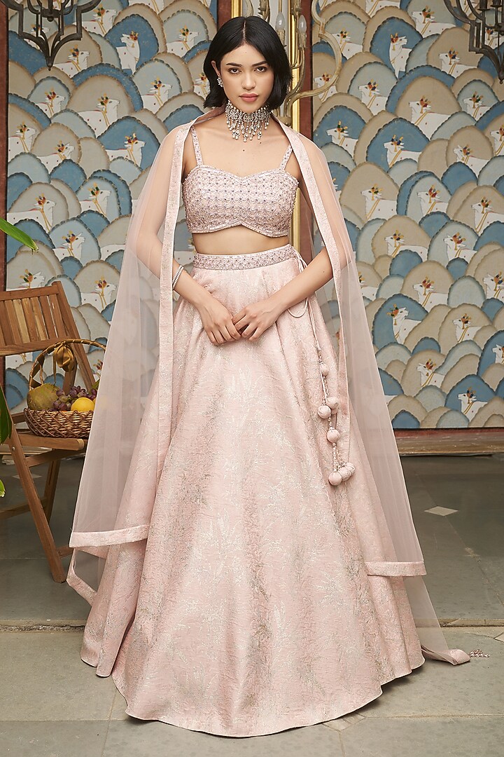 Pink Jacquard & Tissue Sequins Embellished Wedding Lehenga Set by MeenaGurnam at Pernia's Pop Up Shop