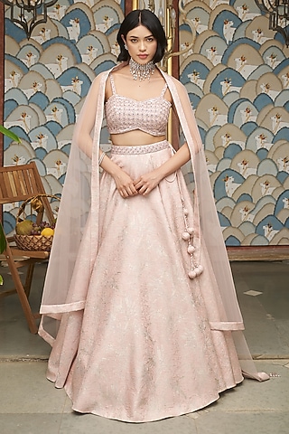 Pink Jacquard & Tissue Sequins Embellished Lehenga Set by MeenaGurnam