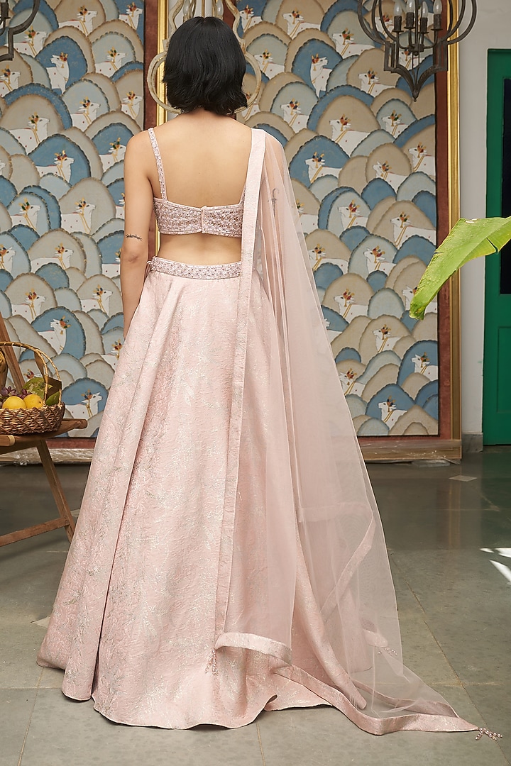 Pink Jacquard & Tissue Sequins Embellished Wedding Lehenga Set by MeenaGurnam at Pernia's Pop Up Shop