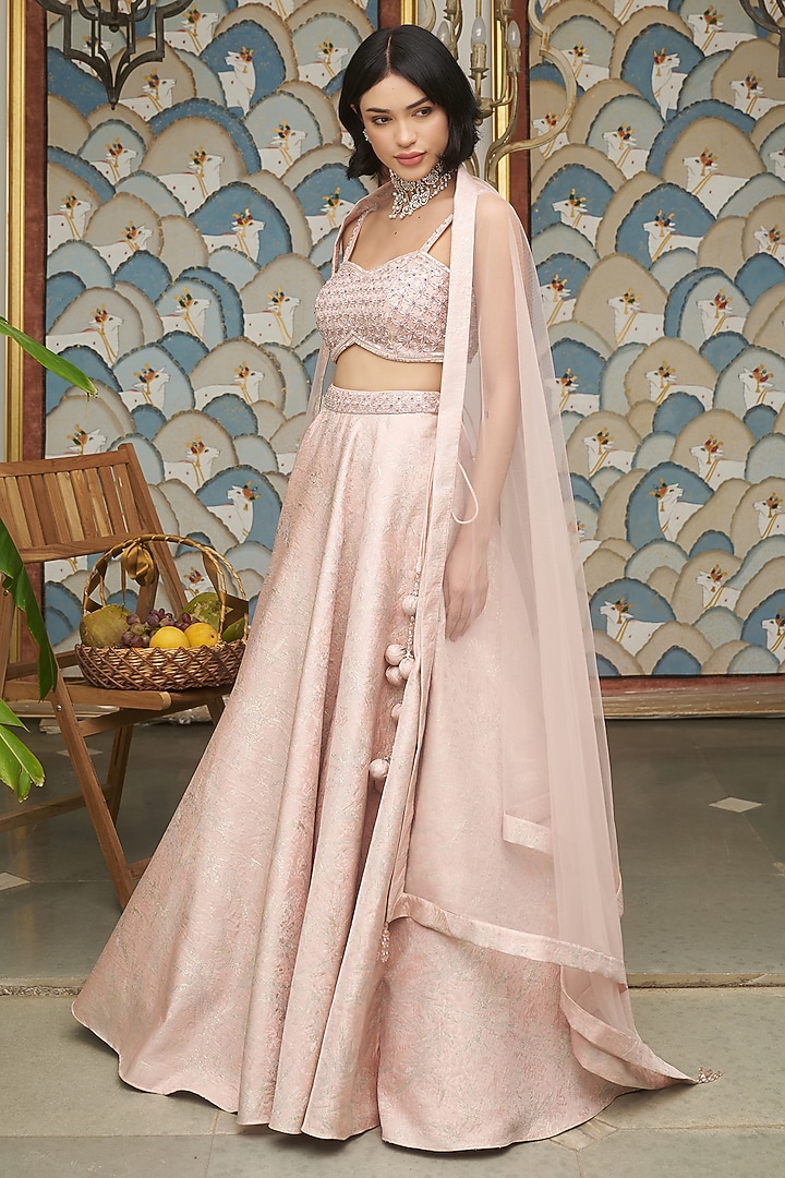 Pink Jacquard & Tissue Sequins Embellished Wedding Lehenga Set by MeenaGurnam at Pernia's Pop Up Shop