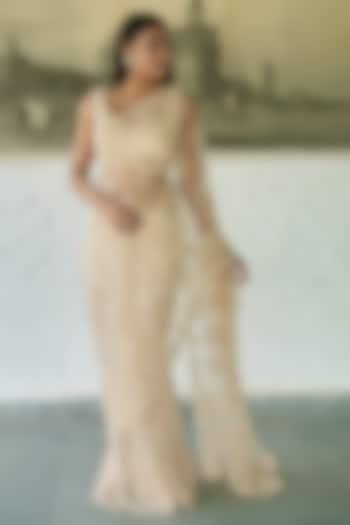 Ivory Net Cutdana Embellished Wedding Saree Set by MeenaGurnam at Pernia's Pop Up Shop