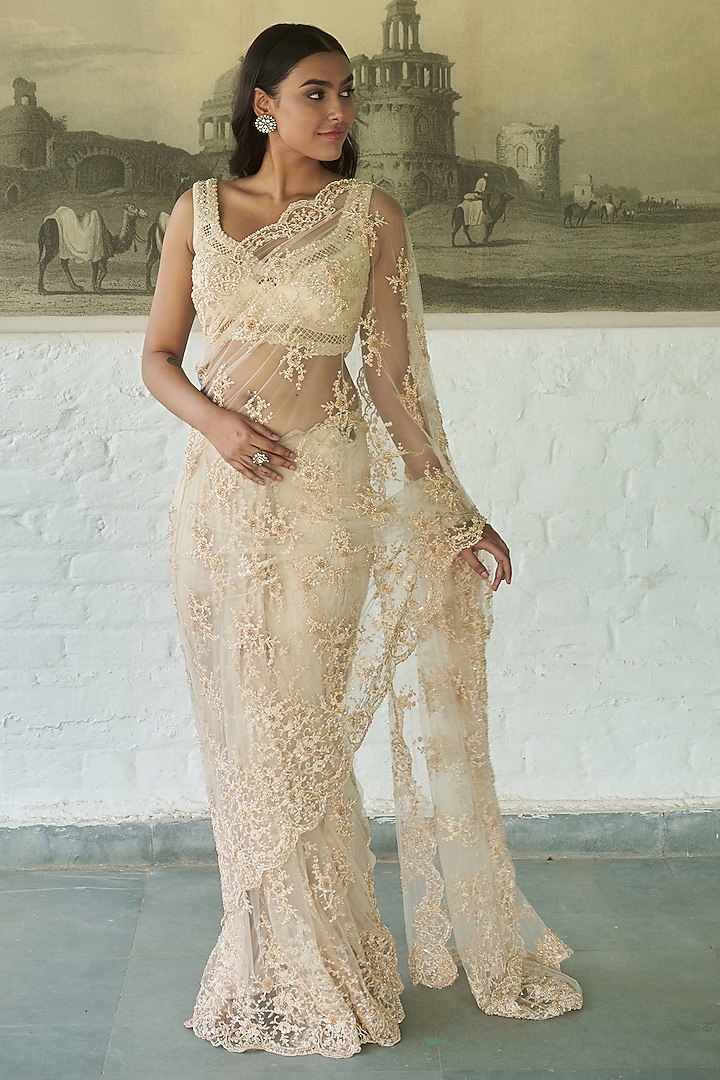 Ivory Net Cutdana Embellished Wedding Saree Set by MeenaGurnam at Pernia's Pop Up Shop