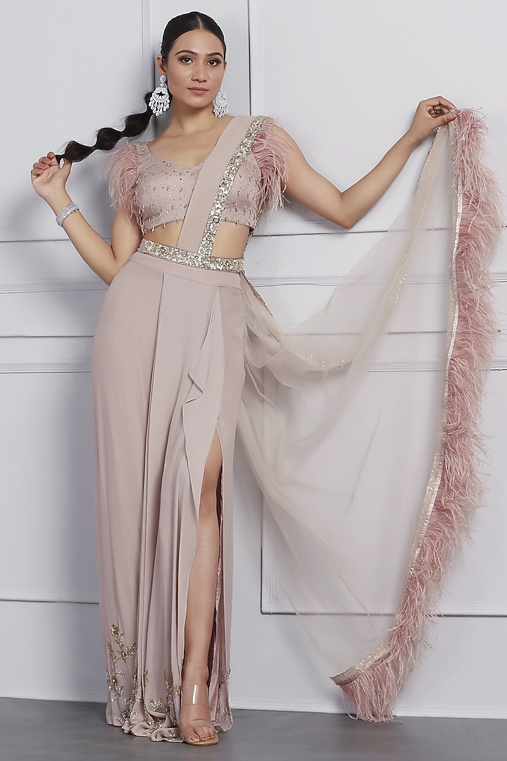 Mauve Georgette & Net Draped Wedding Saree Set by MeenaGurnam at Pernia's Pop Up Shop