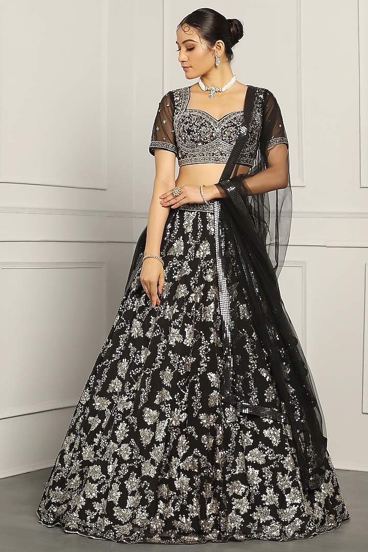 Black Mirror Embroidered Wedding Lehenga Set by MeenaGurnam at Pernia's Pop Up Shop 2024