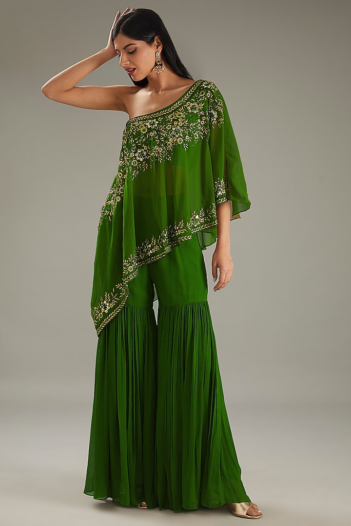 Green Georgette Sharara Set by MeenaGurnam at Pernia's Pop Up Shop