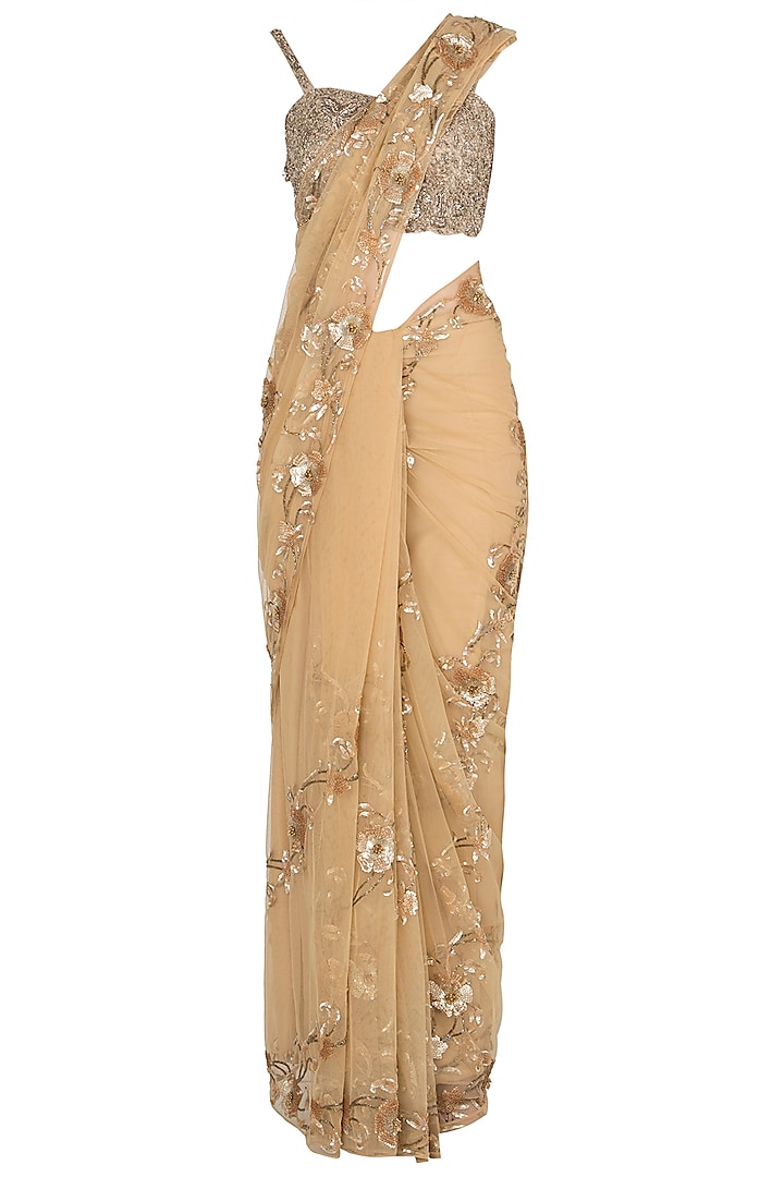 Gold Sequins Embroidered Saree Set by Premya by Manishii