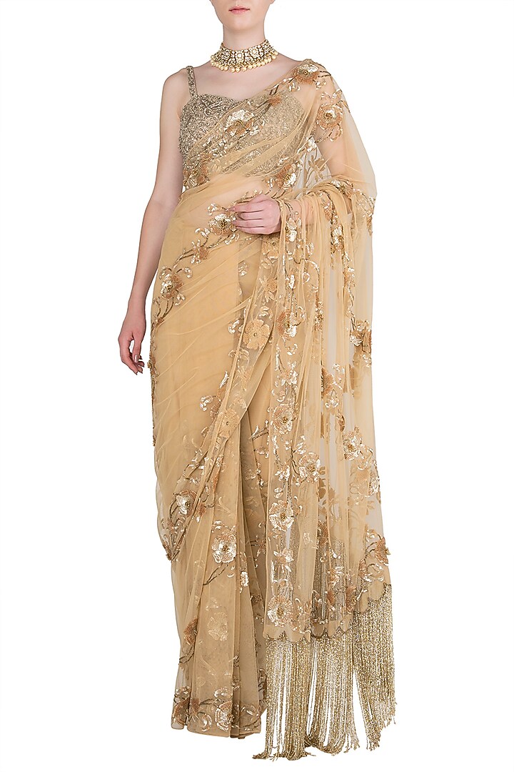 Gold sequins embroidered saree set available only at Pernia's Pop Up Shop.