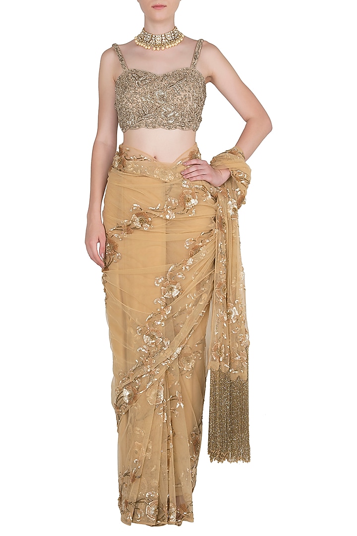 Gold sequins embroidered saree set available only at Pernia's Pop Up Shop.