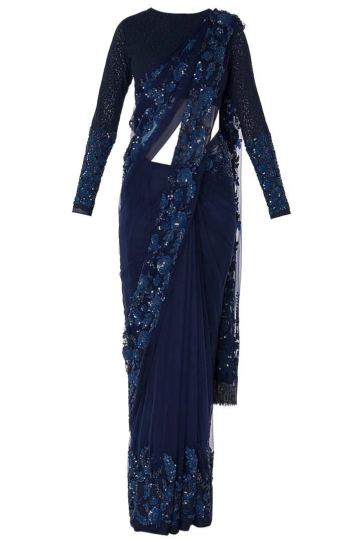 Midnight Blue Floral Hand Embroidered Saree Set by Premya by Manishii