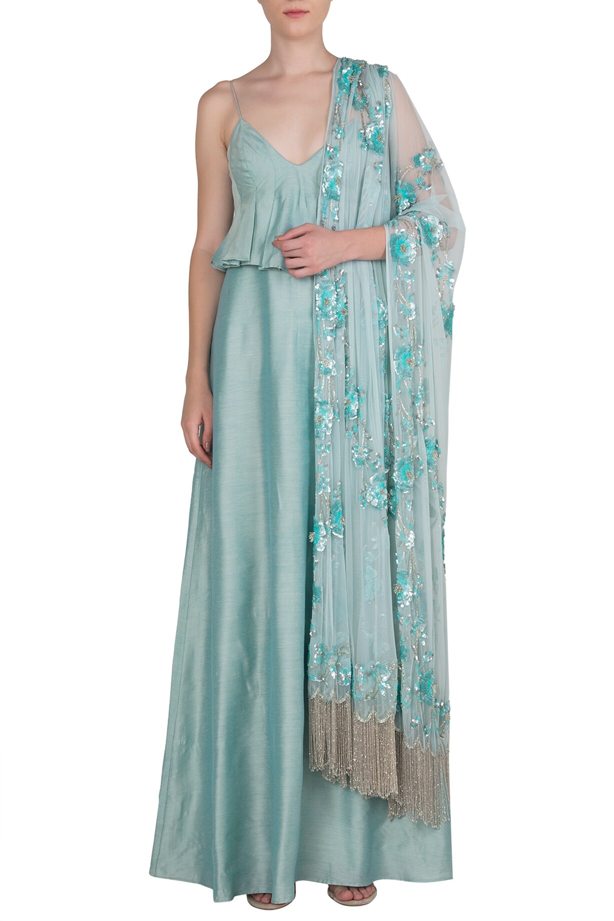 AQUA CHEVRON PRINTED ANARKALI WITH DUPATTA