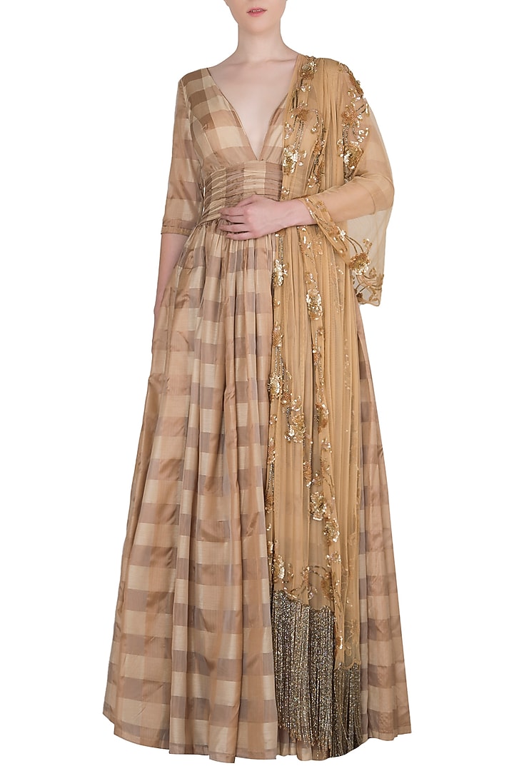 Almond brown handwoven anarkali gown with dupatta available only at Pernia's Pop Up Shop.