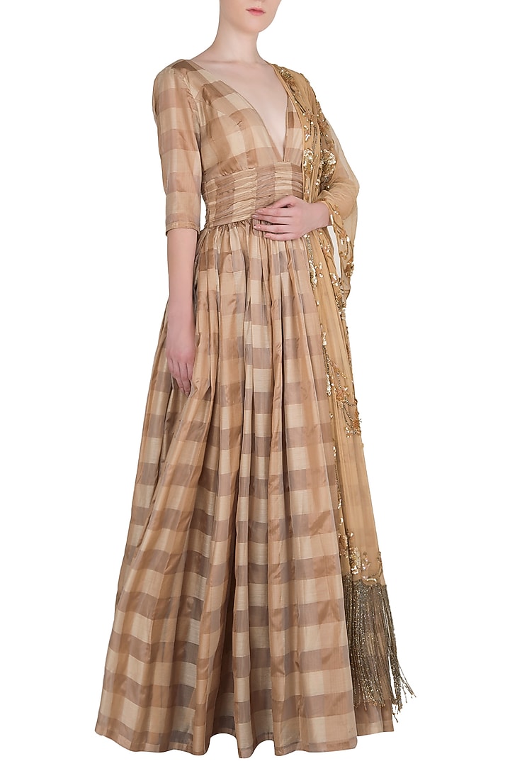 Almond brown handwoven anarkali gown with dupatta available only at Pernia's Pop Up Shop.