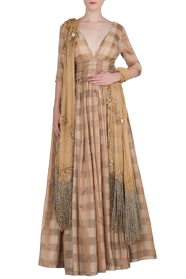 Almond brown handwoven anarkali gown with dupatta available only at Pernia's Pop Up Shop.