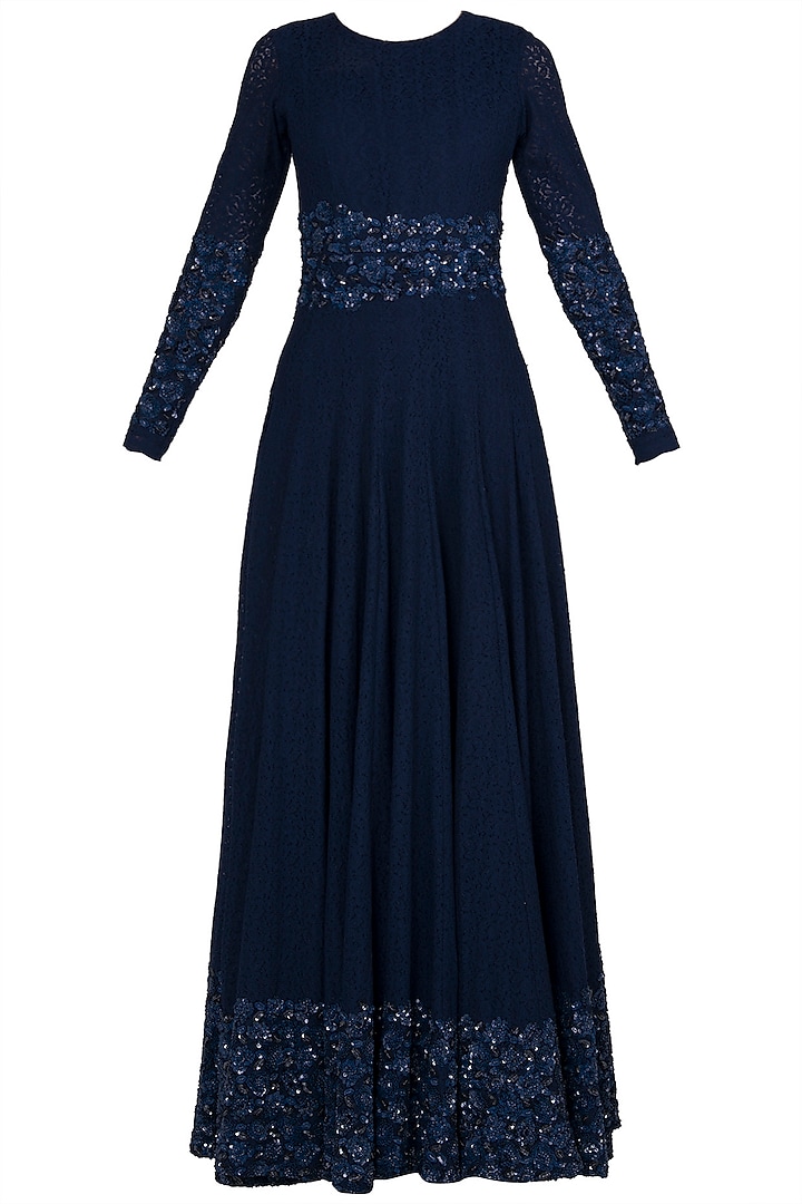 Midnight Blue Embroidered Lace Anarkali Gown by Premya by Manishii