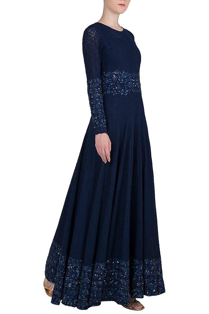 Midnight blue embroidered lace anarkali gown available only at Pernia's Pop Up Shop.