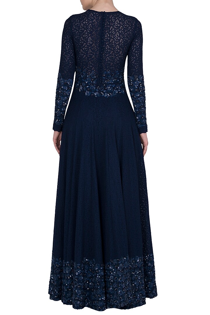 Midnight blue embroidered lace anarkali gown available only at Pernia's Pop Up Shop.
