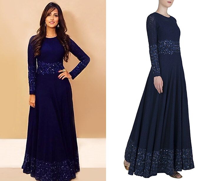 Midnight blue embroidered lace anarkali gown available only at Pernia's Pop Up Shop.