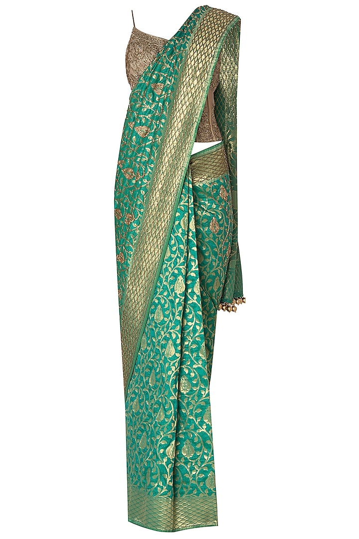 Green Banarasi Saree with Gold Embroidered Corset by Premya by Manishii