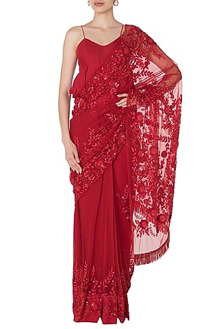 Red Floral Emboridered Saree with Peplum Blouse by Premya by Manishii