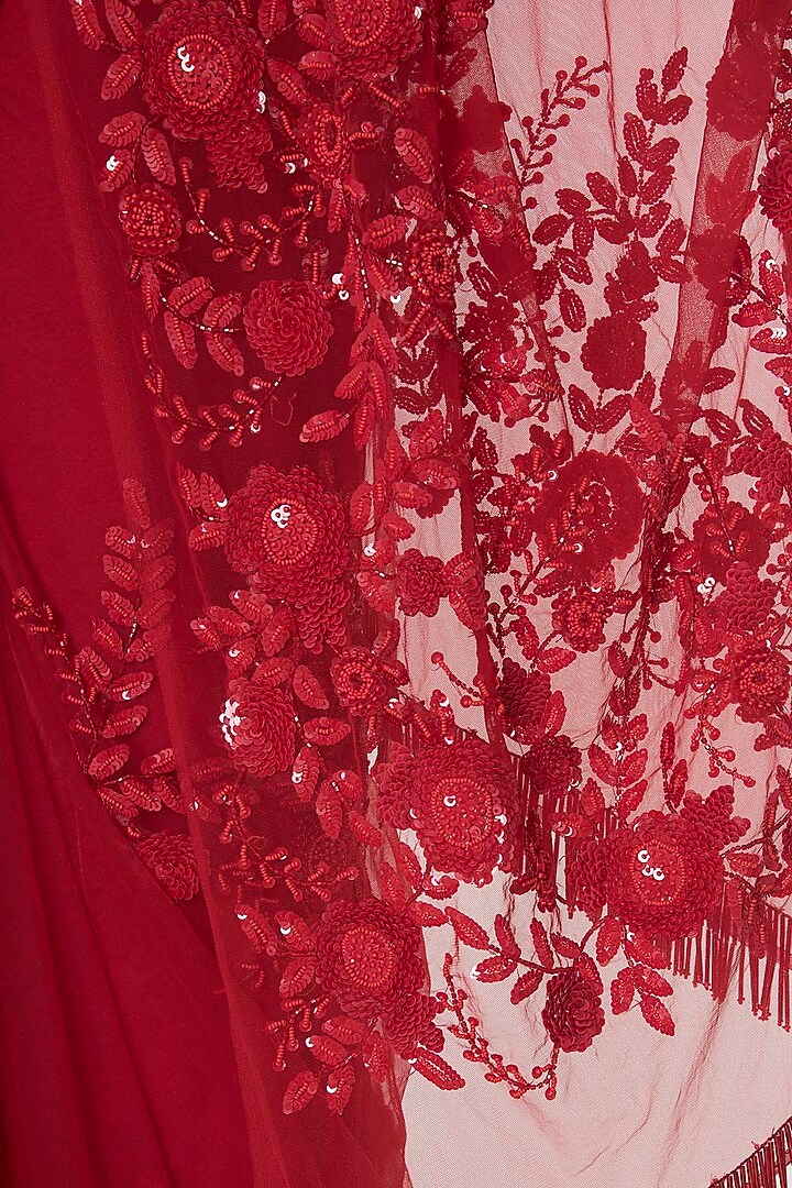 Red floral emboridered saree with peplum blouse available only at Pernia's Pop Up Shop.
