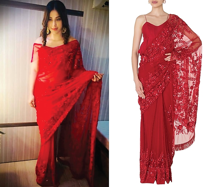 Red floral emboridered saree with peplum blouse available only at Pernia's Pop Up Shop.