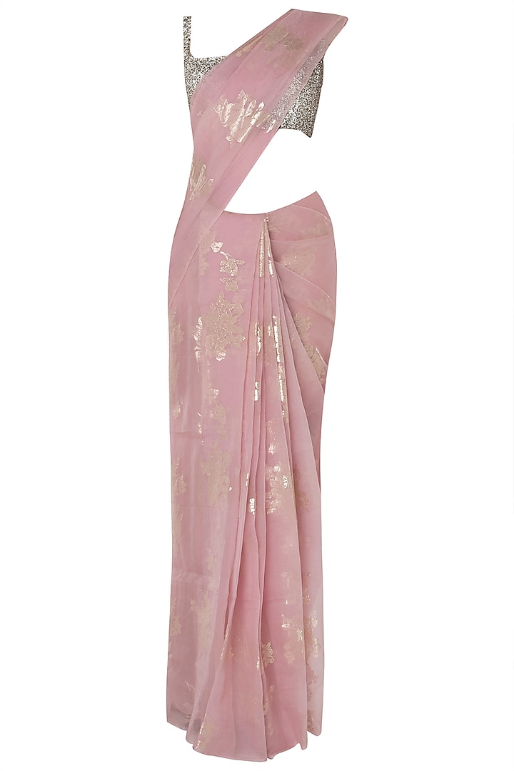 Pink Foil Printed Saree with Silver Pearl Trinkelet Blouse by Premya by Manishii