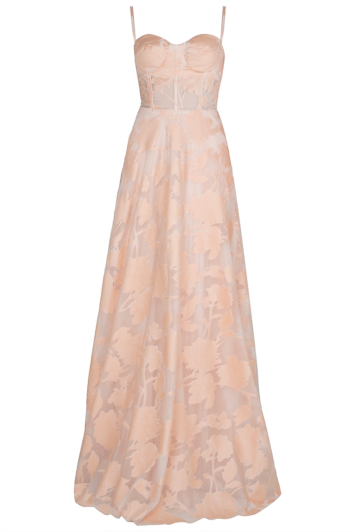 Salmon Pink Embossed Gown by Premya by Manishii