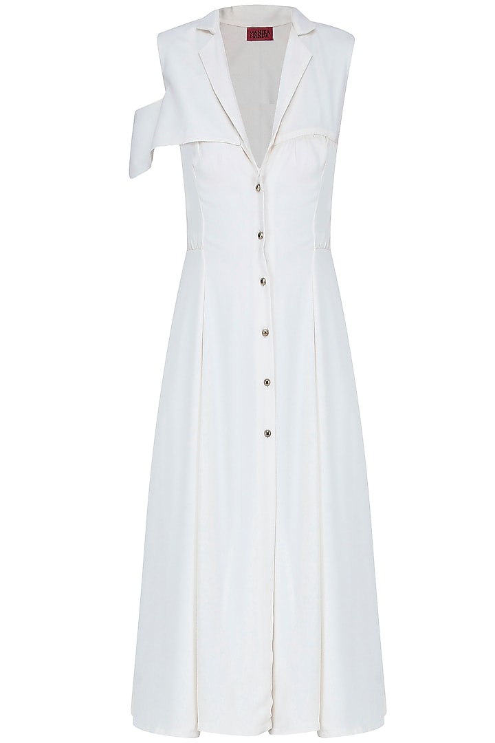 Ivory Cold Shoulder Front Buttoned Midi Dress by Manika Nanda