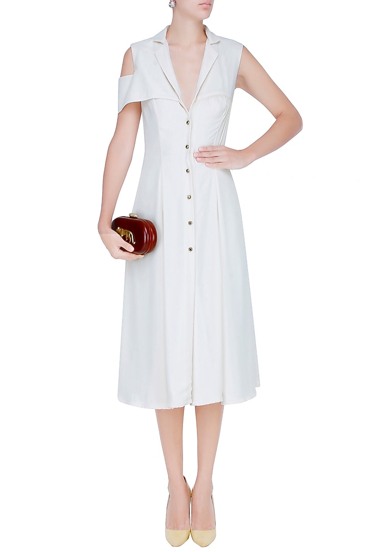 Ivory cold shoulder front buttoned midi dress available only at Pernia's Pop Up Shop.