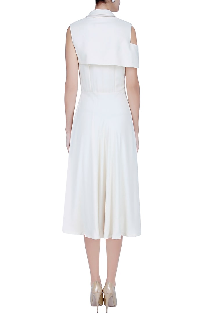 Ivory cold shoulder front buttoned midi dress available only at Pernia's Pop Up Shop.