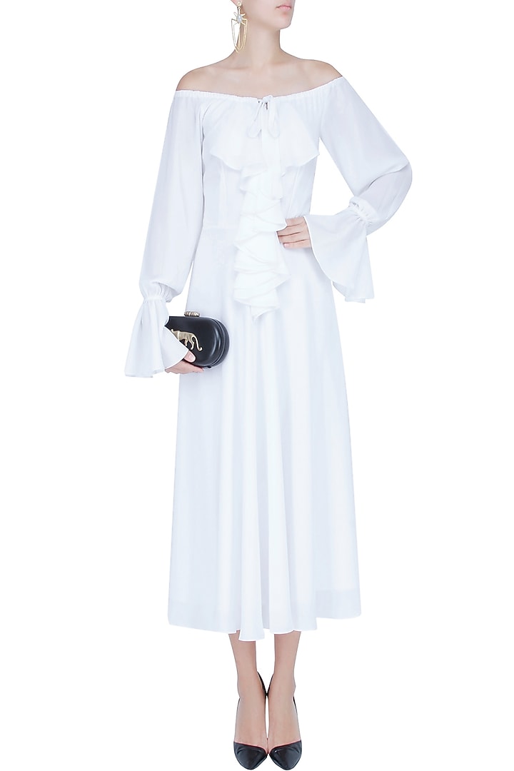 White off shoulder front tieup skater midi dress available only at Pernia's  Pop Up Shop. 2026